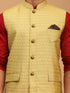 Vastramay Men's Yellow Jacquard Nehru Jacket with Kurta Pyjama Set